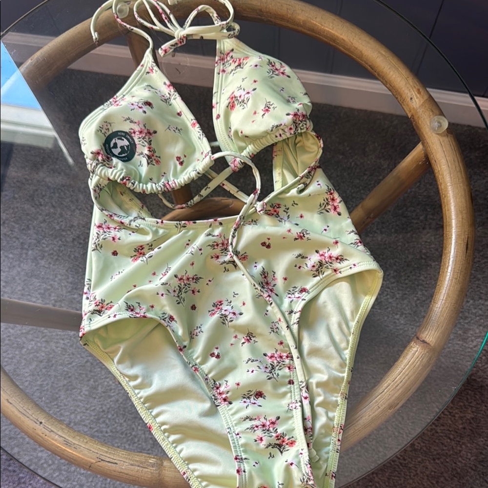 Aeropostale Green and Pink Floral One Piece Swimsuit